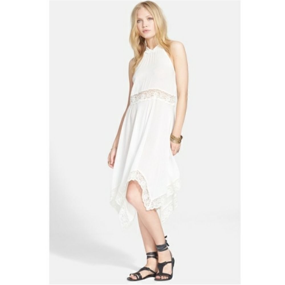 Free People Go Lightly White Handkerchief Hem High Neck Sleeveless Midi Dress